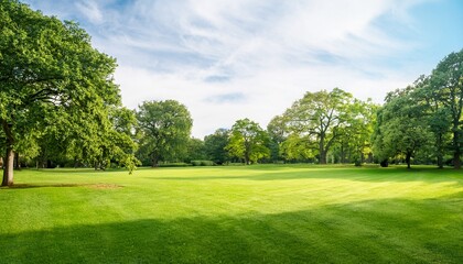 Fototapeta premium lush green lawn with trees and soft light green grass park