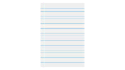Blank lined notebook page with vertical red margin line for academic writing with presented against plain white background PNG © Bullah
