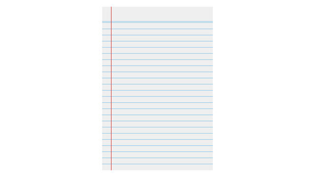 Blank lined notebook page with vertical red margin line for academic writing with presented against plain white background PNG