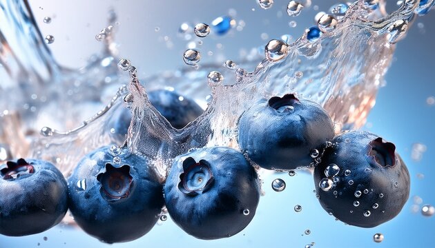 fresh blueberries dropping into sparkling soda splash vibrant refreshing mood commercial beverage photography style