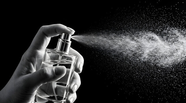 Close up of a woman hand spraying perfume from a glass bottle against a black background