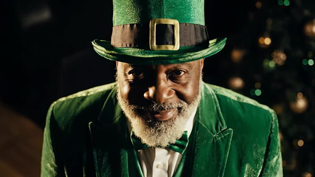 Senior African American man dressed as leprechaun smiling and looking at camera. Man wears green velvet suit and top hat with buckle, standing in dark room with blurred Christmas tree. Concept of