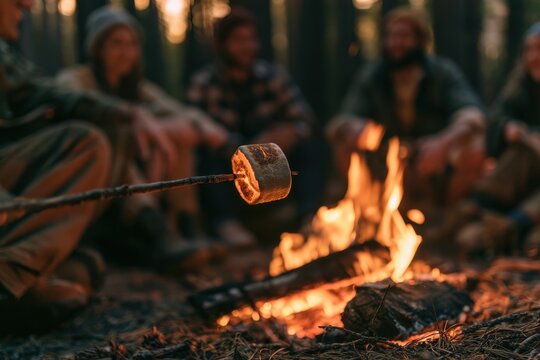 Candid outdoor scene: marshmallows roasting over a campfire among pine trees