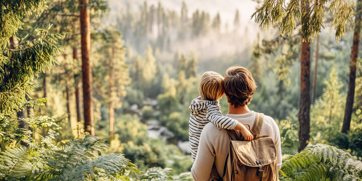 Parent Carrying Child on Shoulders During Scenic Forest Hike