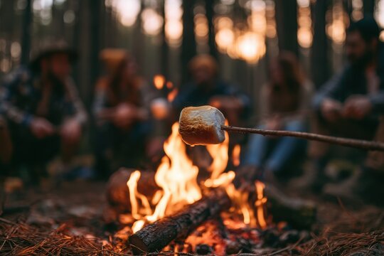 Close-up of marshmallows toasting on skewers over a campfire in a forest with friends