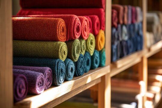 Colorful cloth bolts arranged in a gradient of fabrics for craft and sewing