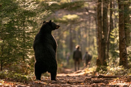 Forest scene featuring a black bear pausing on hind legs to watch people walking along a trail