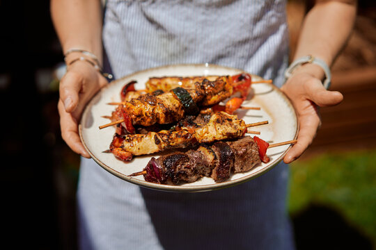 Grilled Chicken and Beef Skewers On Plate Held by Person at Outdoor 