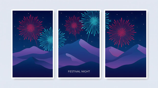 Abstract Festival Night Landscape Posters with Fireworks over Desert Mountains