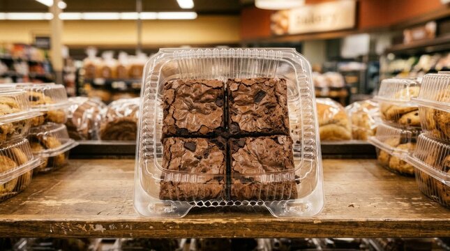 Four Pack of Chocolate Brownies in Plastic Container at Grocery Store Bakery.