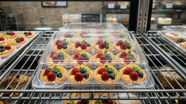 Fresh Berry Fruit Tarts in a Bakery Display Case.