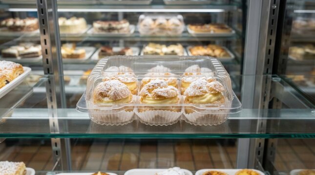 Fresh Sweet Pastries Displayed in a Bakery Shop Window.