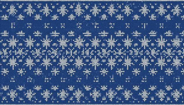 seamless nordic knitting pattern with white geometric snowflakes on blue background