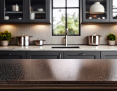 steel table top with blurred empty kitchen background can be used for mocking up or display product to make advertising
