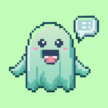 adorable smiling green monster ghost character with floating speech bubble cute alien mascot retro pixel art game sprite asset