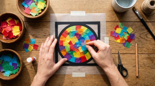 Person creating a colorful tissue paper stained glass art project on a wooden table.