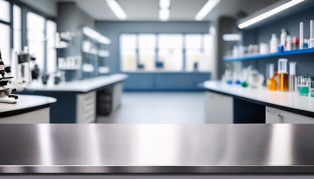 steel top with blurred empty science lab room background can be used for mocking up or display product to make advertising