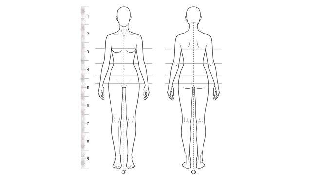 Technical female fashion croquis template featuring front and back views with measurement scale, alignment guides, and anatomical proportions for professional clothing design on white background