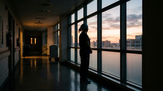 Silhouette of a person standing by a large hospital window at sunset.