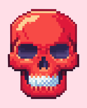 creepy red skull icon halloween bone skeleton monster symbol spooky item retro pixel art vector graphic illustration design asset