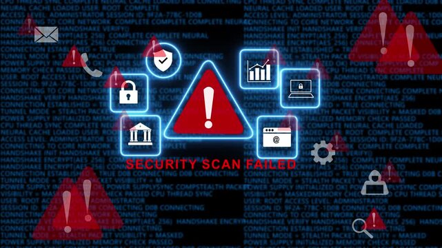 Cyber security breach alert with security scan failed warning message and glowing digital representing network vulnerability, data theft, hacking threats, and system protection failure in technology