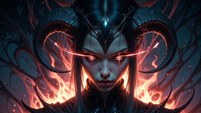 Ethereal Demon Queen with Glowing Red Eyes and Horns