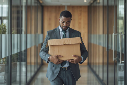 Man in suit holds cardboard box down a glass-lined corridor. He looks down, focused, serious, job loss, a career crisis, and depression