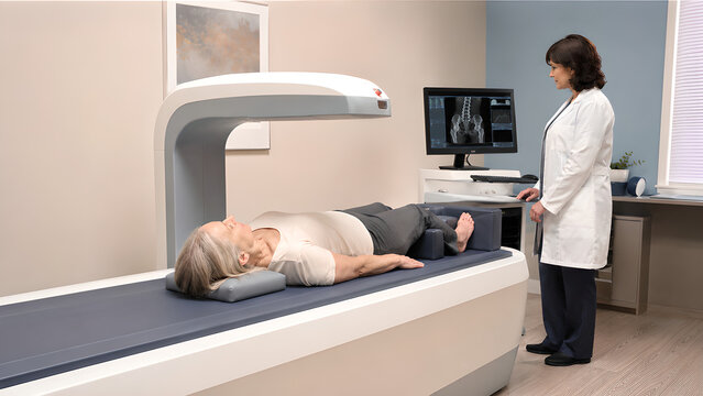 Osteopenia bone density decline clinical procedure showing porous femur anatomy, diagnostic imaging and treatment consultation in a healthcare setting for medical and patient education content