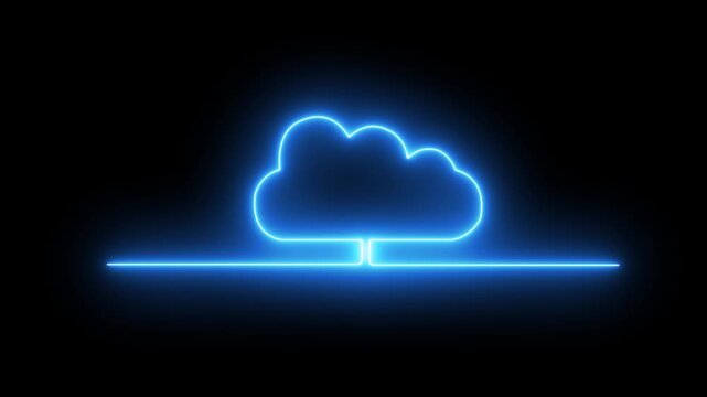 Neon blue glowing cloud computing icon with an animated line connection on dark background.