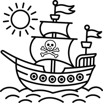 A simple black and white line art drawing of a pirate ship sailing on the ocean under a bright sun