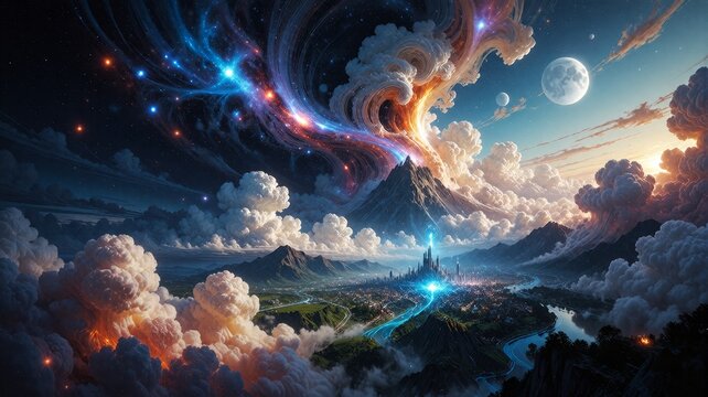 Ethereal Fantasy Cityscape with Celestial Aurora and Mountain Peak