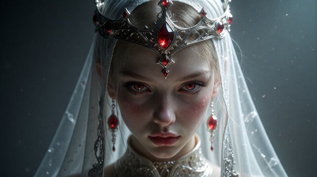 Ethereal Fantasy Queen with Red Gem Tiara and Veil