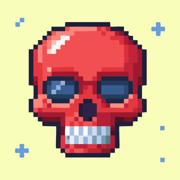 spooky pixel art red human skull with dark eye sockets and smiling teeth for halloween decoration gaming asset and horror themed graphics