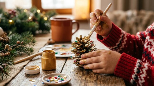 Person Painting Pinecone Ornament for Christmas Decoration at Home.