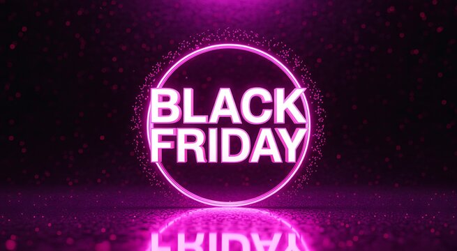 Black friday sale promotional background with glowing neon pink circular frame and reflections on dark surface