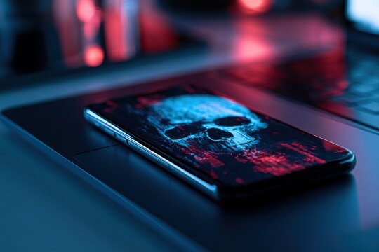 Digital security imagery: skull image on smartphone screen beside a laptop in a moody office
