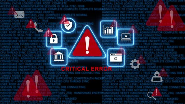 Critical system error alert with cyber security warning and digital binary code background, for network breach, data privacy threat, hacking attack, and, information technology security concepts