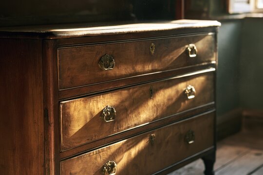 Vintage wooden chest of drawers with weathered patina and brass hardware in a sunlit rustic interior