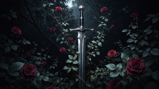 Excalibur Sword Piercing Through Enchanted Rose Garden