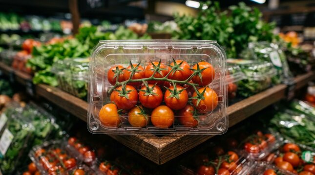 Fresh red tomatoes in a plastic container at the grocery store.