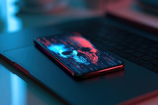 Hacking threat scene: death skull on phone display with blue-red neon glow on a desk