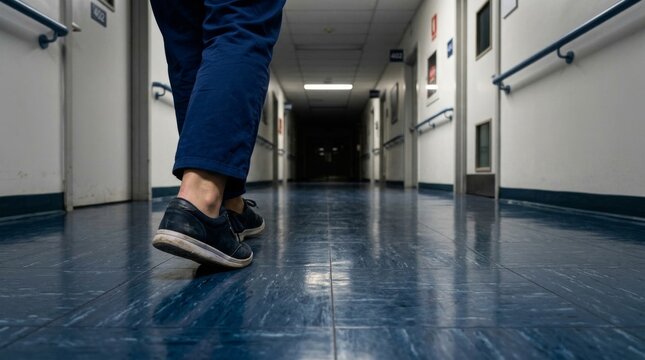 Low angle view of a person walking down a hospital corridor.