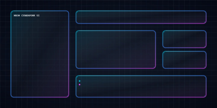 Neon cyberpunk ui frame elements with glowing blue and purple borders on a dark background