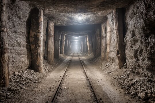 Forgotten bauxite ore tunnel: damp concrete walls and rusty rails