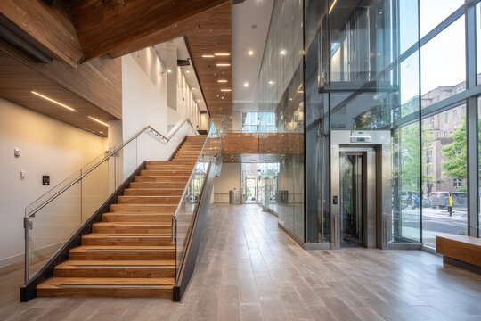 Elegant entry hall with stairs and glass elevator in a modern housing block