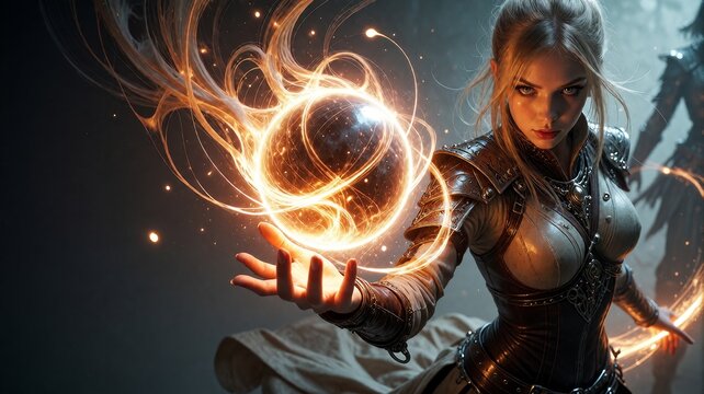 Fantasy Sorceress Casting Glowing Golden Energy Spell