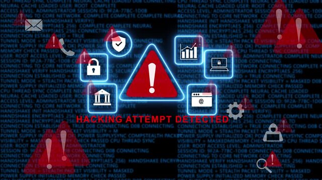 Cyber security hacking attempt detected warning animation featuring red alert warning triangles, digital data breach encrypted network code background, and malicious system intrusion alert