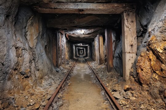 Underground abandoned mine tunnel with dust, rust and cold light