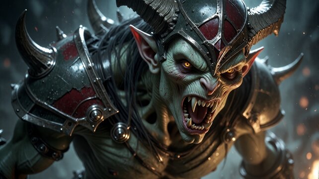 Fierce Armored Green Demon Warrior Portrait