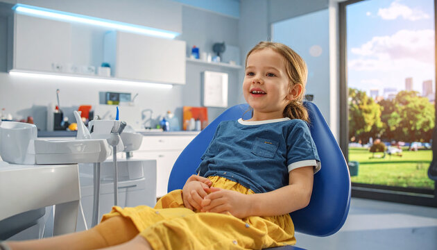 Happy little girl at the dentist office for silver diamine fluoride application and minimally invasive dentistry for effective tooth decay prevention technology